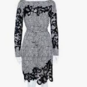 DVF Ernestina Dress Monochromatic Black White Tweed Print Size 12